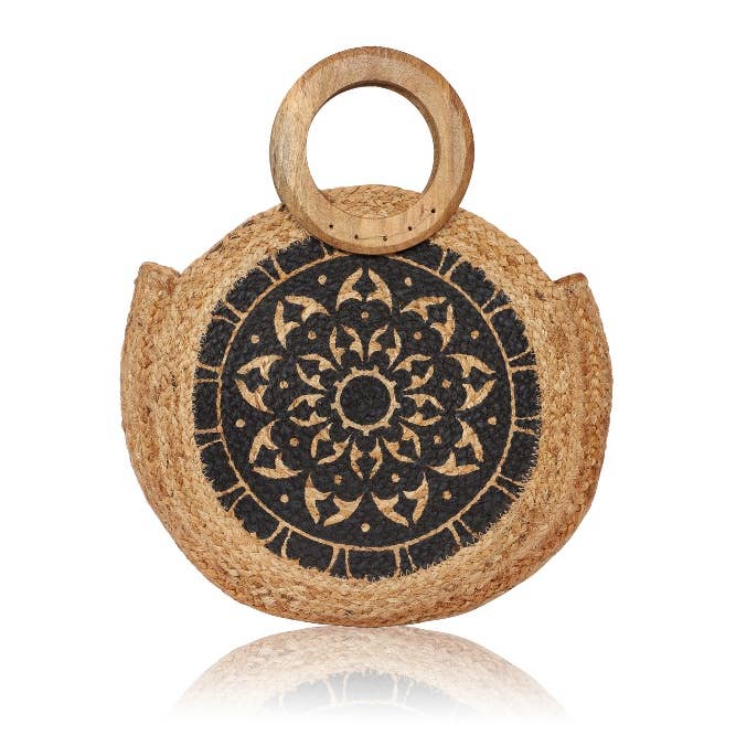 Round Jute Tote bag with Wooden Handle