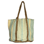 Seafoam Sand Stripes Pure Canvas and Jute Tote Bag for Women