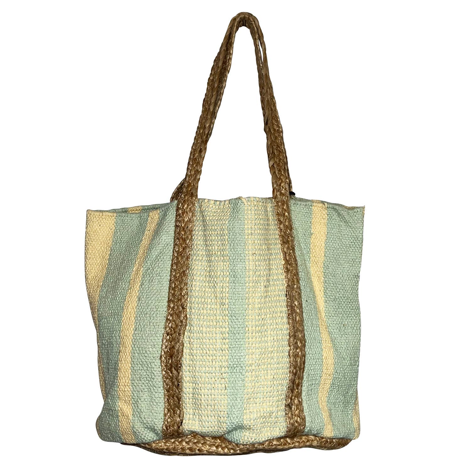 Seafoam Sand Stripes Pure Canvas and Jute Tote Bag for Women