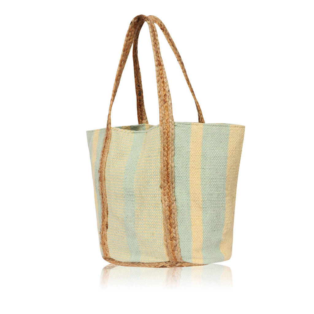 Seafoam Sand Stripes Pure Canvas and Jute Tote Bag for Women