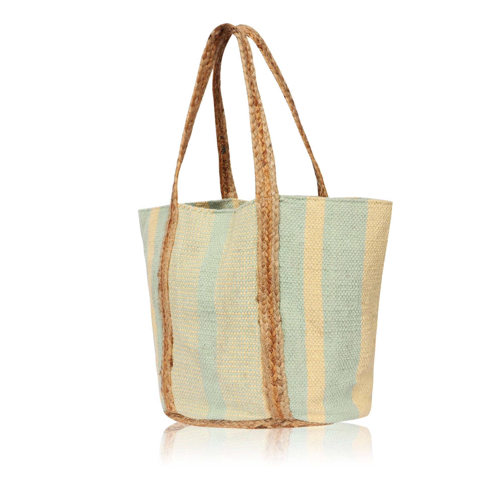 Seafoam Sand Stripes Pure Canvas and Jute Tote Bag for Women
