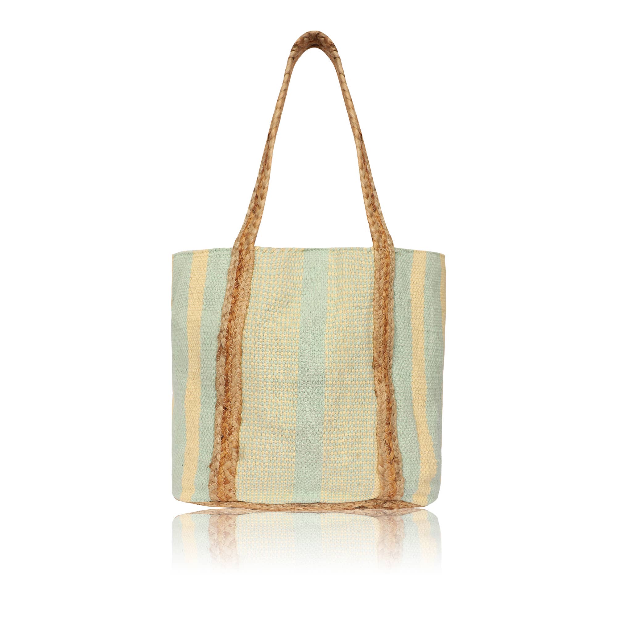 Seafoam Sand Stripes Pure Canvas and Jute Tote Bag for Women