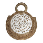 Round Jute Tote bag with Wooden Handle White Floral Design