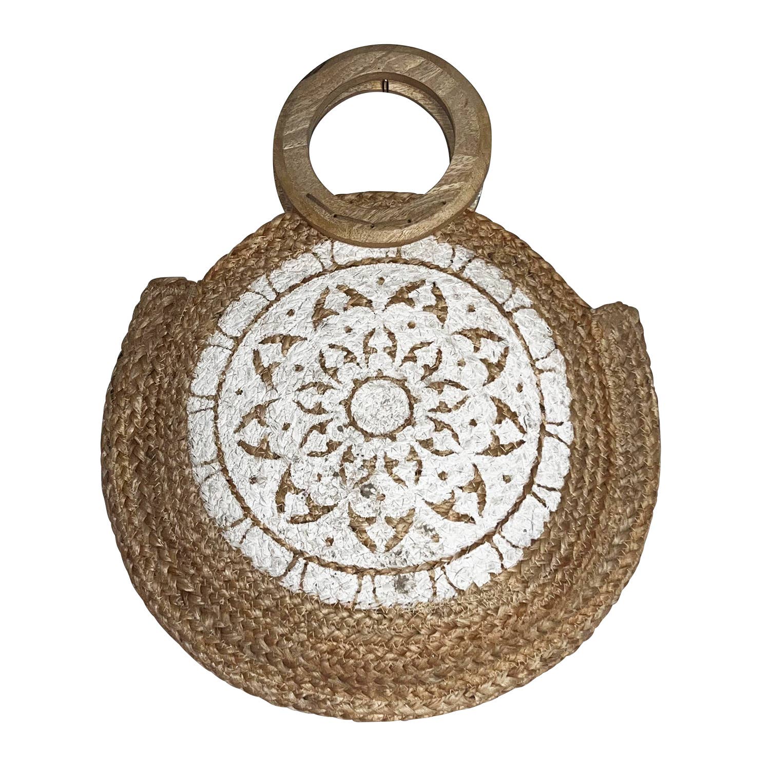 Round Jute Tote bag with Wooden Handle White Floral Design